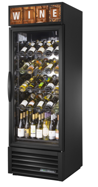 Exhibidor de vinos refrigerado, 1 puerta de vidrio, luz led, refrigerante HC R290, 27" de frente - True